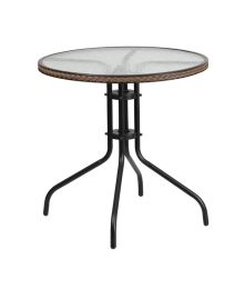 Flash Furniture 28'' Round Tempered Glass Metal Table with Dark Brown Rattan Edging